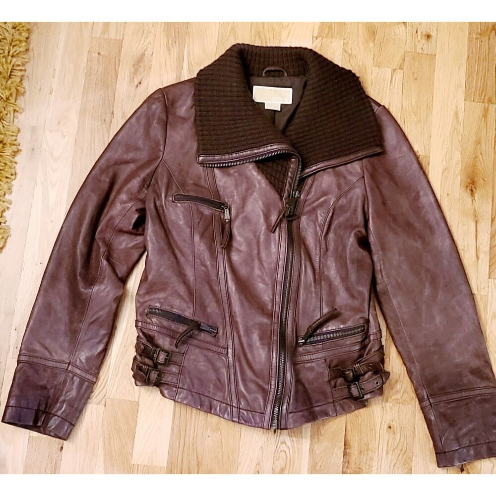 Michael Kors Women’s  Vintage 80s Leather Moto Jacket Brown Size Large - Picture 8 of 11